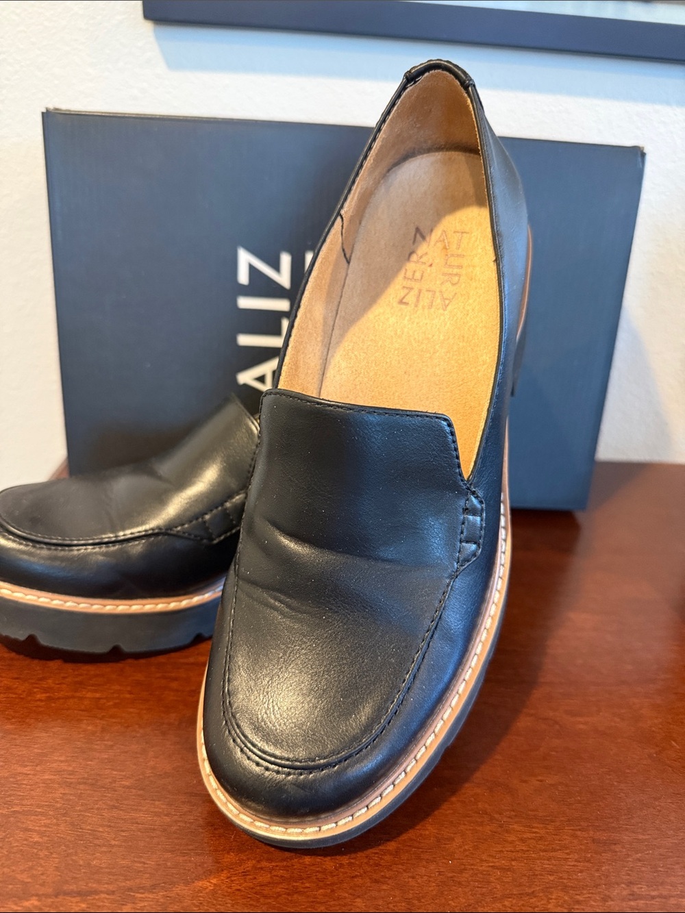 Naturalizer Black Leather Slip-On Loafers with Tan Contrast Sole